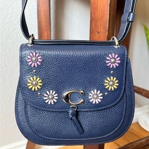Unique and Rare Coach Navy Leather Floral Stitching Saddle Crossbody Bandit Bag